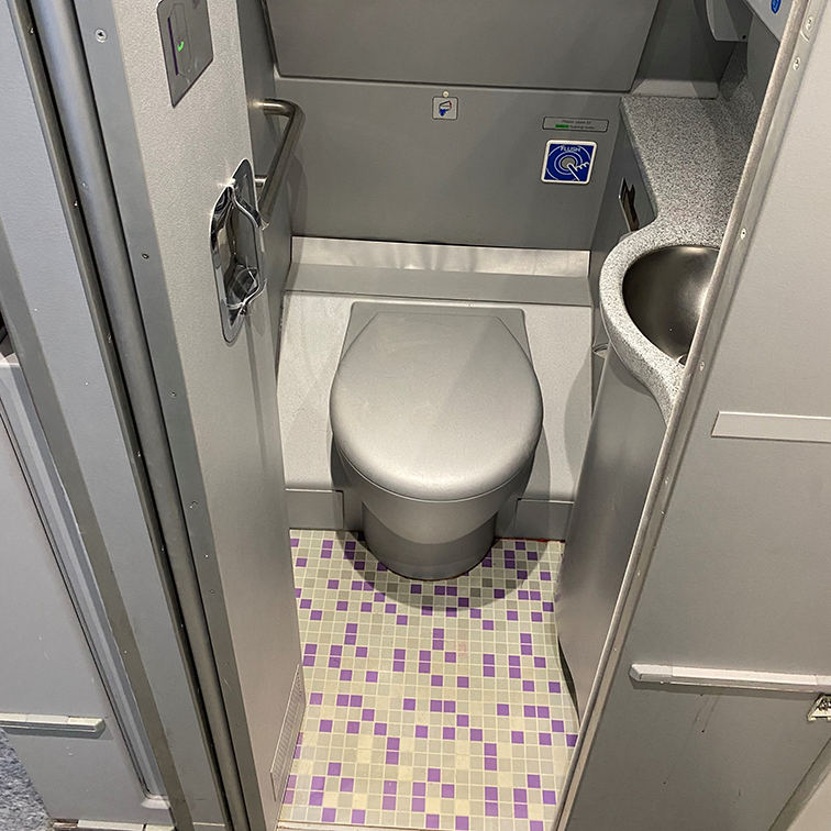 Toilet area of Airplane Cabin mock-up, including storage areas, basin, and locking facilities at the TSA Training Facilities.